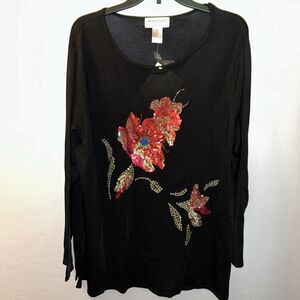 Victor Costa Occassion Shirt Women Size 1X Sequin Floral Pullover Black
